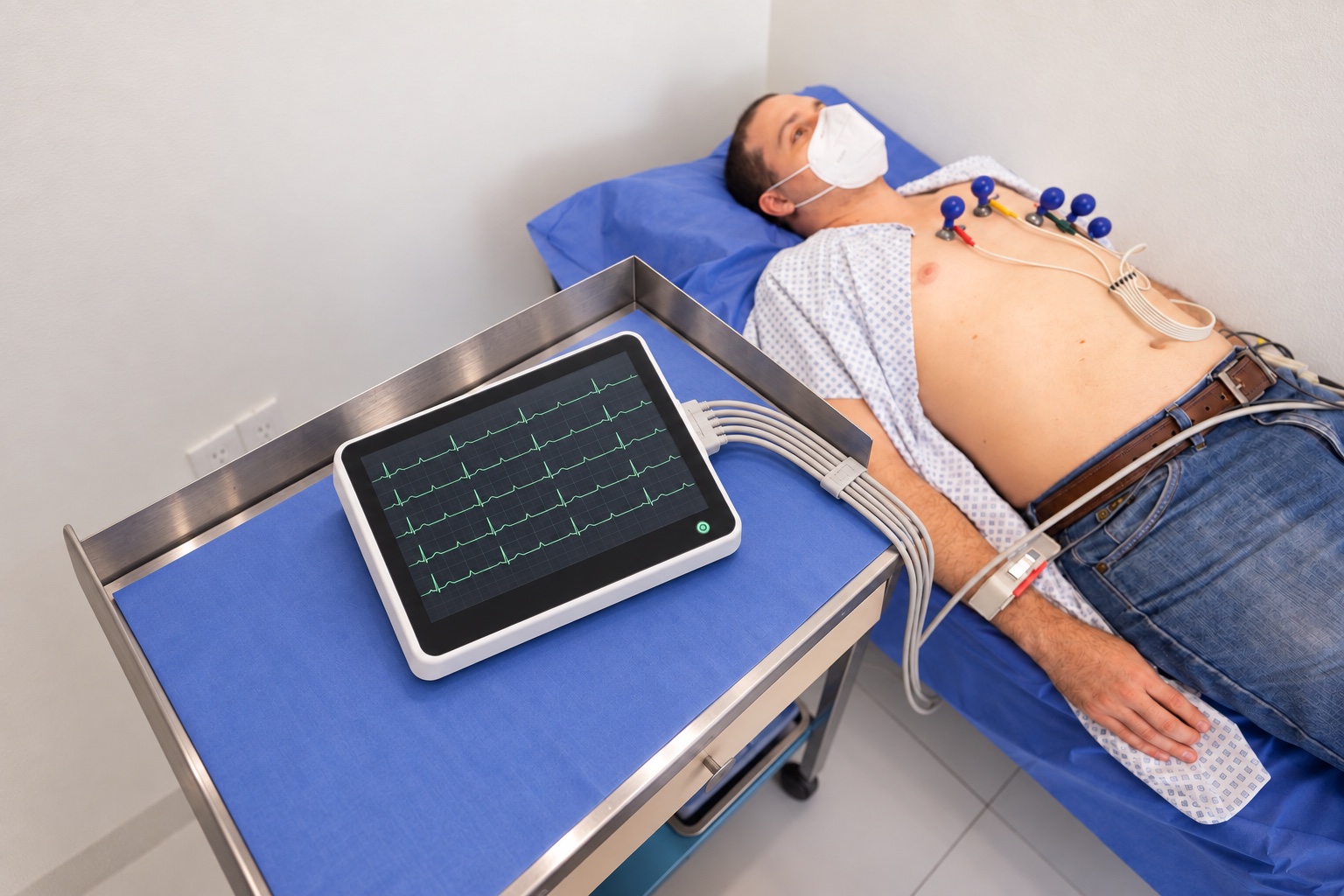 Paciente durante un electrocardiograma con un equipo digital moderno